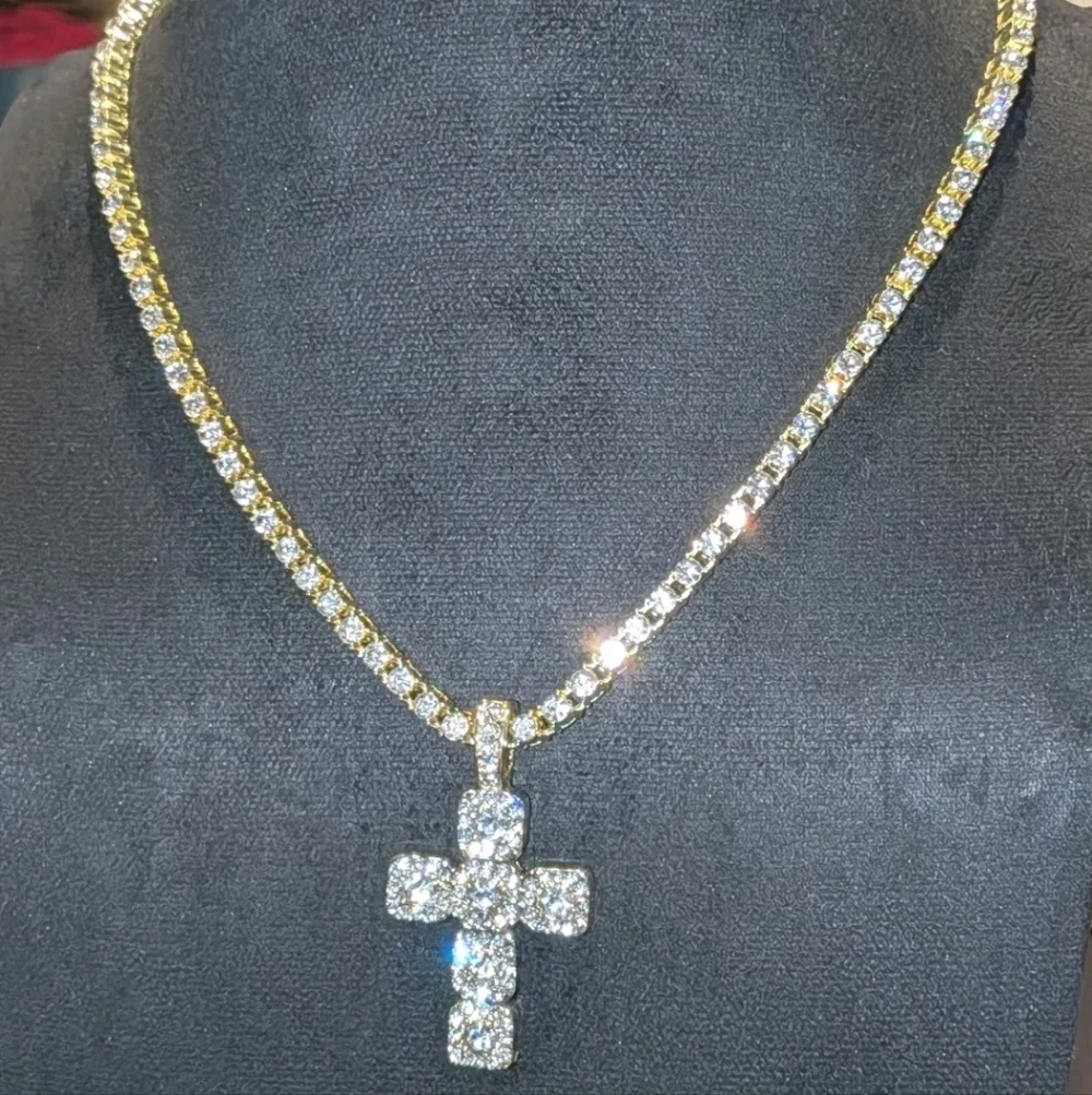 14k Yellow Gold Plated Lab Created Diamond Cross Pendant Tennis Necklace 18